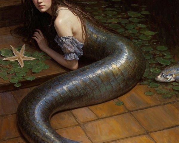 Mermaid on Tiled Platform in Tranquil Water Setting