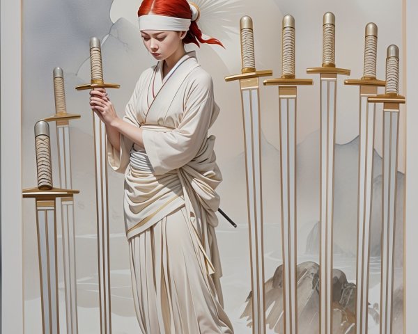 Serene Woman in Kimono Surrounded by Swords and Water