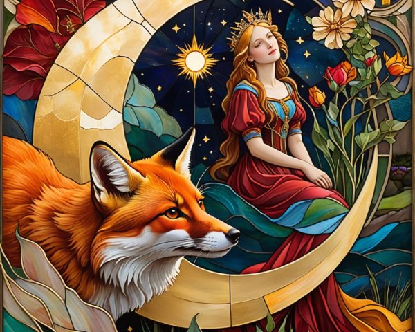 Whimsical Design of Woman on Crescent Moon with Fox