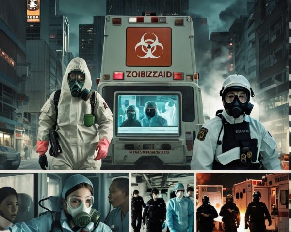 City Street Scene with Biohazard Elements and Ambulance