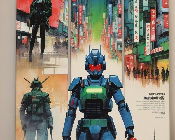 Cyberpunk Triptych with Robot and Neon Cityscape