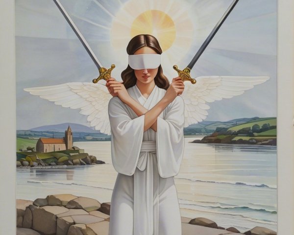 Serene figure with swords on rocky shore at sunset