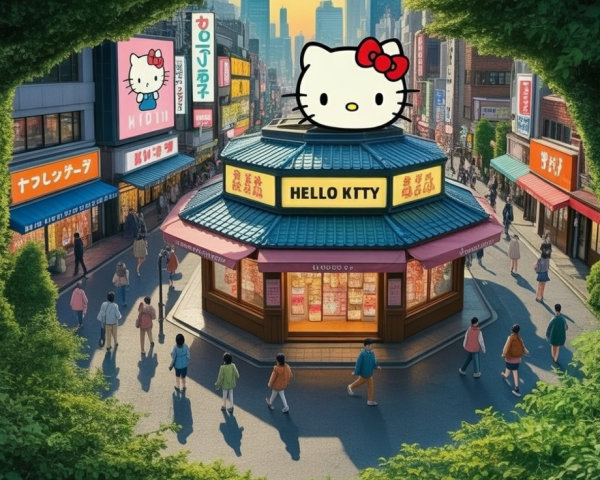 Whimsical Hello Kitty Store in Vibrant Street Scene