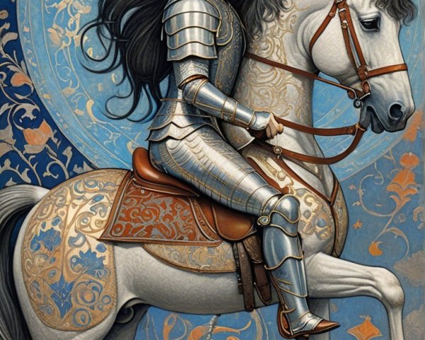 Young knight in ornate armor on a white horse