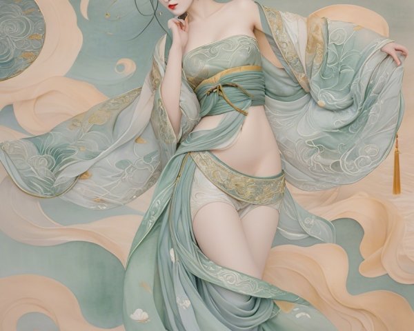 Ethereal Dancer in Translucent Green and Gold Garments