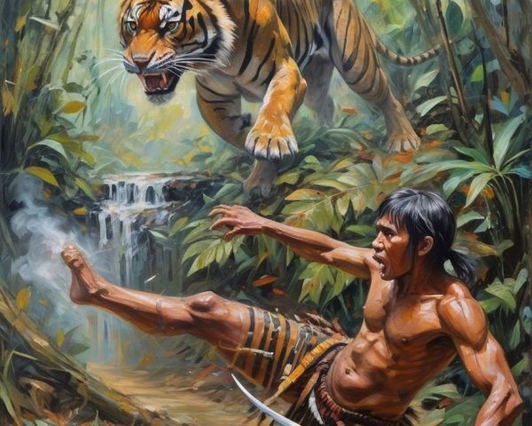 Warrior Faces Tiger in Lush Jungle Setting