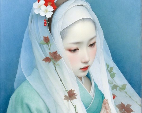 Serene Young Woman in Traditional Attire and Veil
