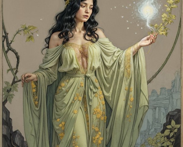 Mystical figure by serene waterway with glowing orb