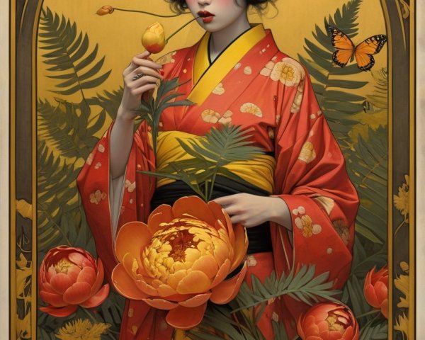 Elegant Woman in Red Kimono Surrounded by Nature