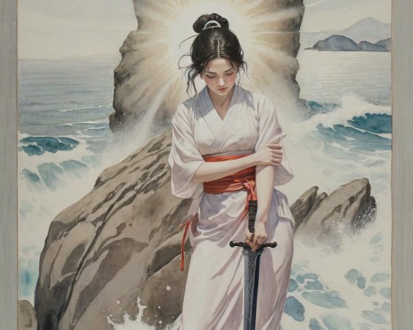 Serene Figure in White Kimono on Rocky Shore