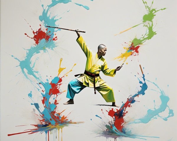 Martial Artist in Yellow and Blue Uniform with Staff