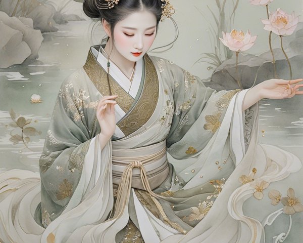 Serene Woman in Kimono Surrounded by Lotus Flowers