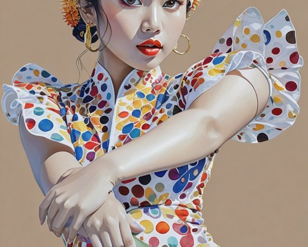 Young Woman in Polka Dot Dress with Floral Accessories