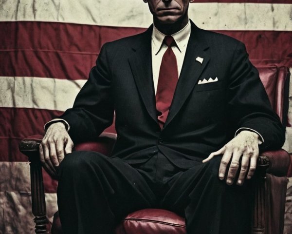 Stern Figure in Red Leather Chair with American Flag