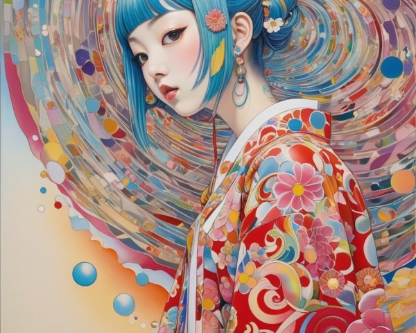 Young Woman in Vibrant Kimono with Colorful Surroundings