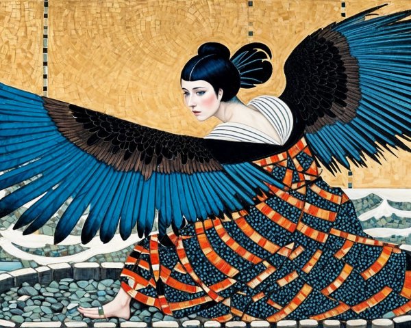 Woman with Blue Wings in Kimono Surrounded by Waves