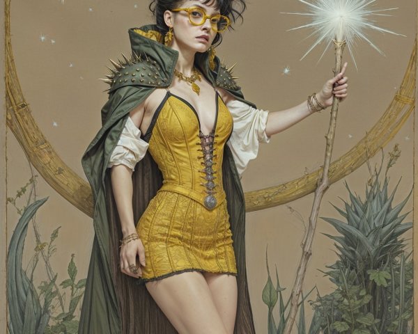 Confident figure in vibrant yellow outfit with wand