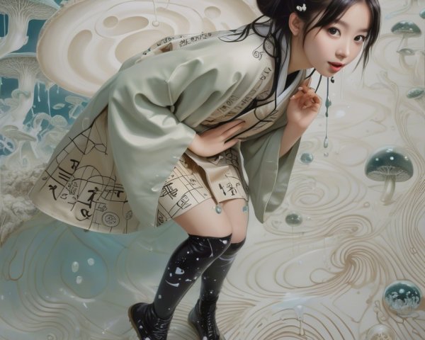 Young Woman in Green Kimono Among Ethereal Mushrooms