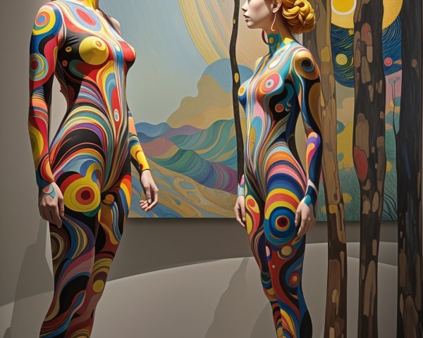 Female Figures with Vibrant Body Paint in Art Display