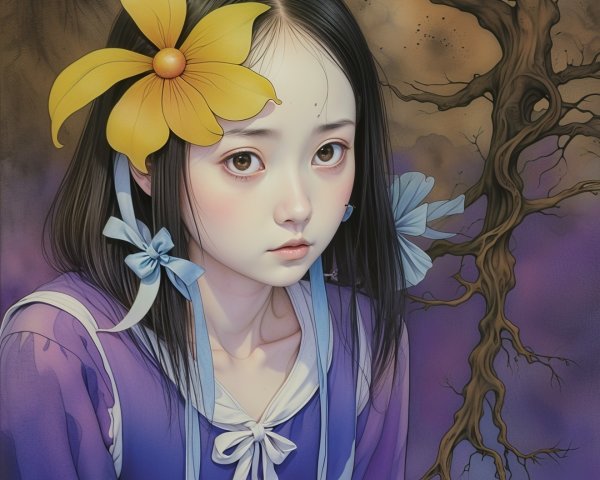 Young Girl in Purple Dress with Surreal Landscape