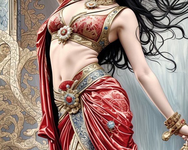Elegant Dance in Vibrant Red and Gold Attire