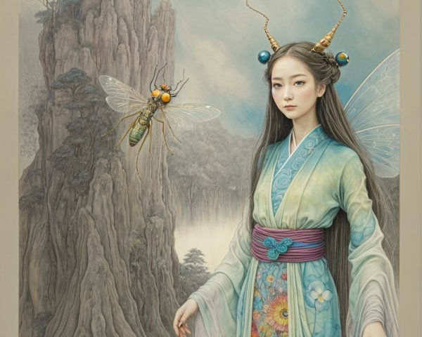 Mythical Scene with Young Woman and Colorful Insects