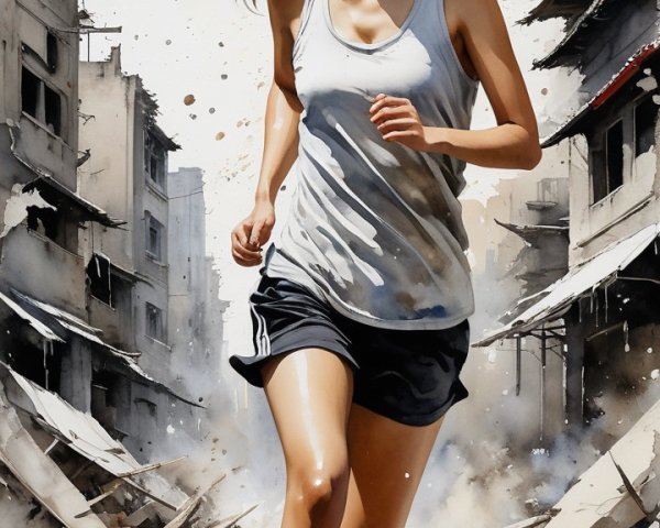 Young woman running in desolate urban landscape