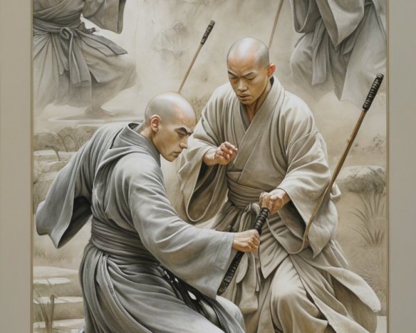 Martial Artists Training in Serene Landscape Setting