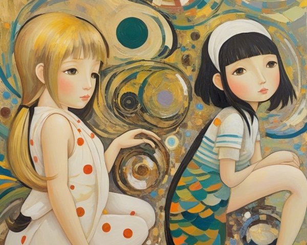 Two Girls in Polka Dots and Stripes with Abstract Background