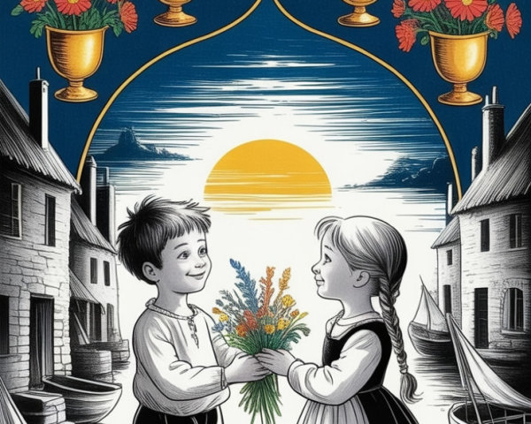Coastal Scene with Children and Colorful Bouquet