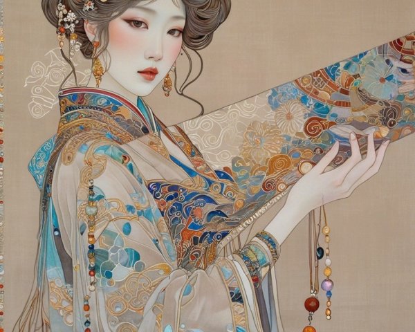 Traditional Attire with Intricate Patterns and Fan