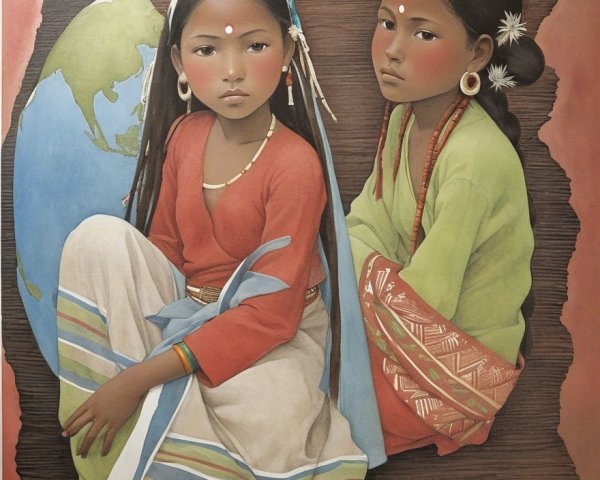 Young Girls in Traditional Clothing with Soulful Expressions