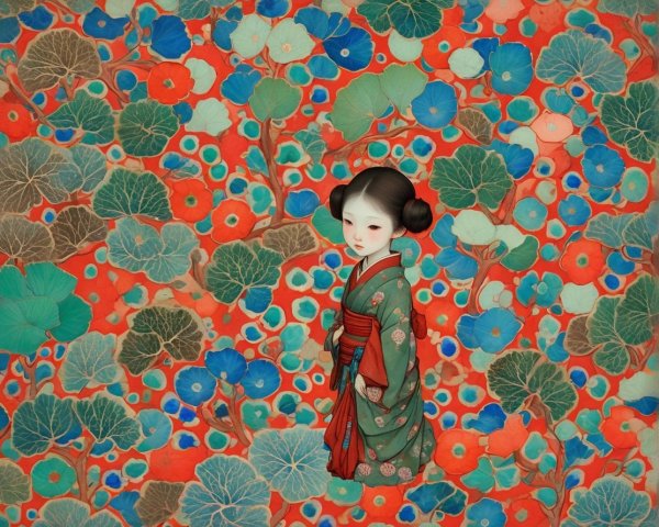Young girl in kimono with vibrant floral backdrop