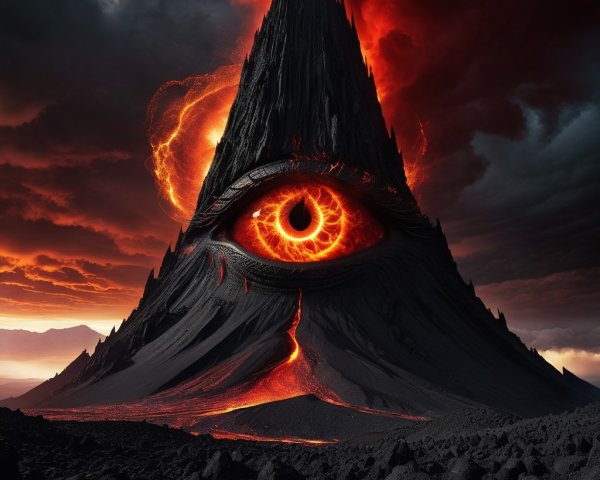 Volcanic Mountain with Fiery Eye and Lava Flow