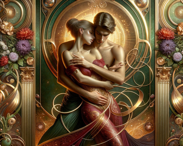 Golden-hued artwork of a couple in an embrace