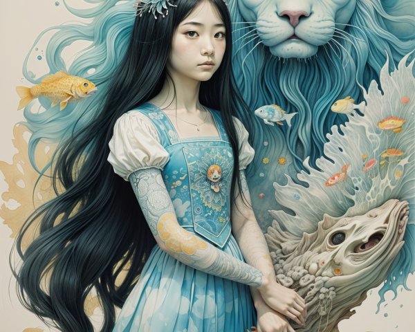 Serene Girl in Blue Dress with Majestic Lion and Fish