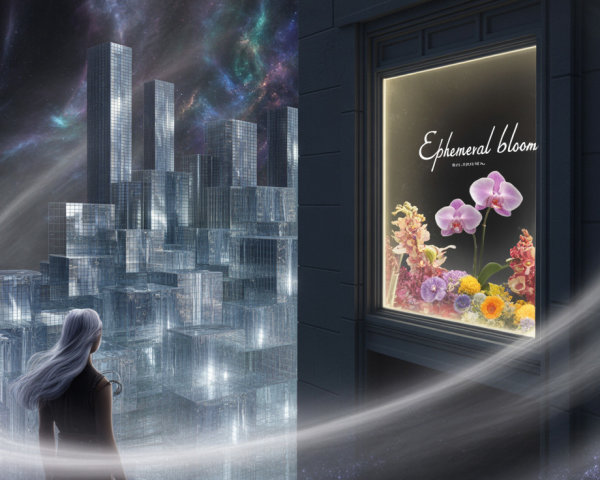 Futuristic cityscape with flowers and cosmic sky