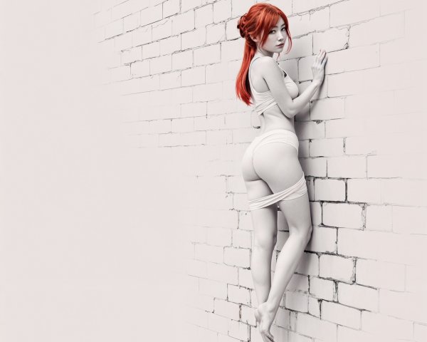 Monochrome Image of Figure with Red Hair Against Wall