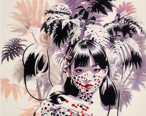 Stylized portrait of a woman with polka dots and foliage
