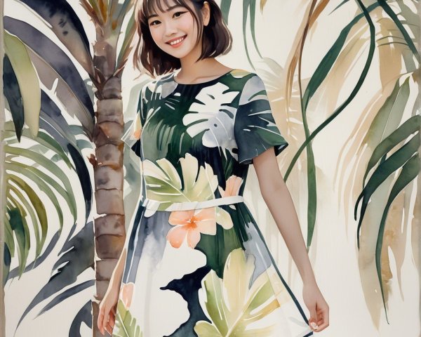 Woman in Tropical Foliage with Vibrant Dress