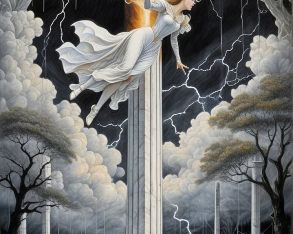 Mystical Scene of Woman in White Dress Amidst Storm