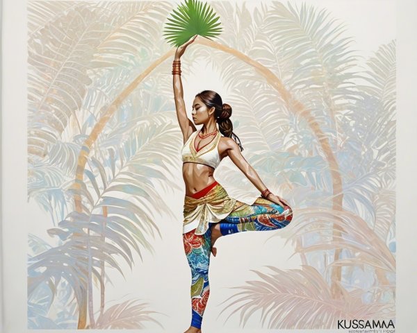 Yoga Pose with Tropical Background and Leaf Prop