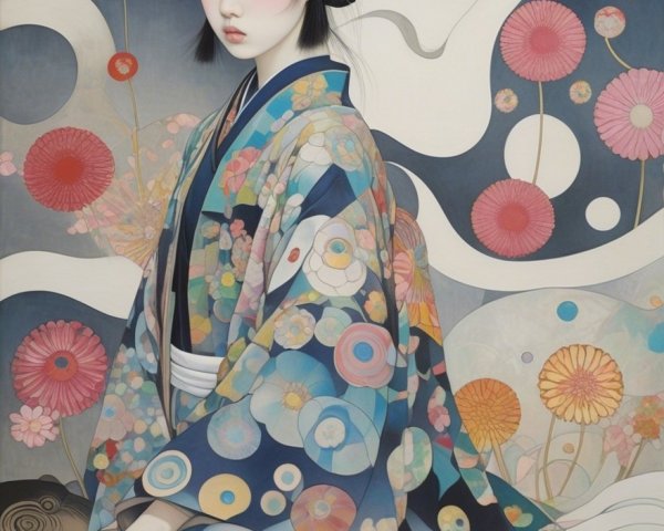 Serene Woman in Vibrant Floral Kimono and Nature Background
