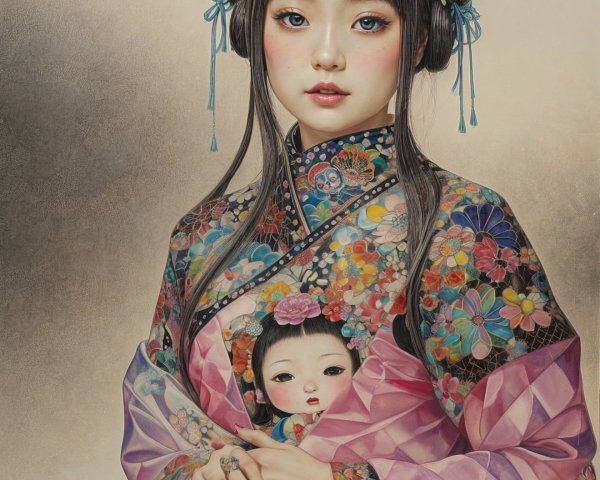 Young Woman in Floral Kimono with Doll Figure