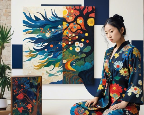 Young woman in floral kimono with vibrant artwork backdrop