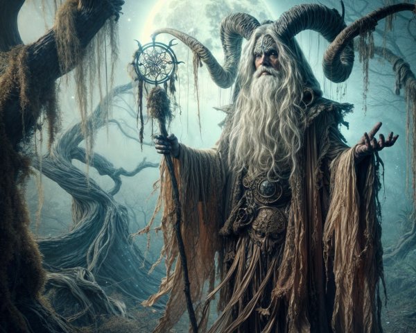 Ancient Sorcerer in Mystical Moonlit Forest