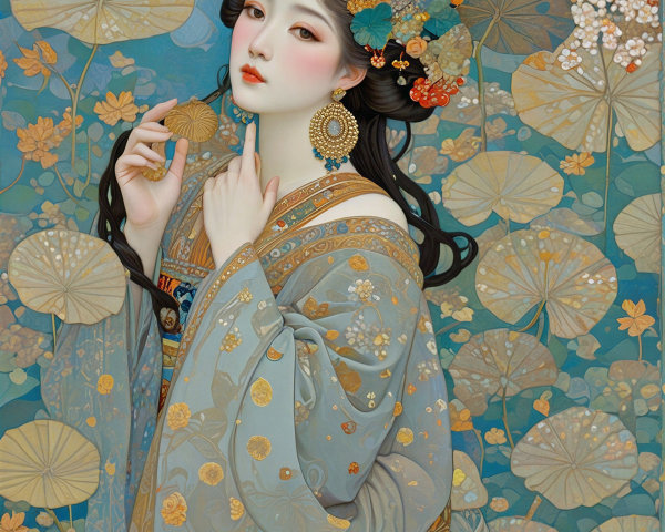 Serene Young Woman in Light Blue Floral Garment