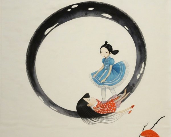 Whimsical Artwork of Girls in Circular Frame with Leaves