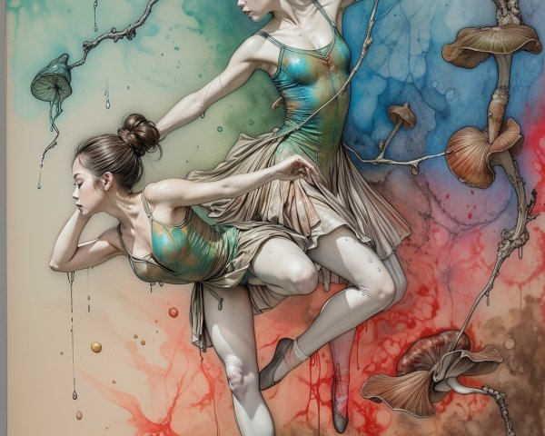 Ethereal Ballerinas in Colorful Abstract Dance Scene