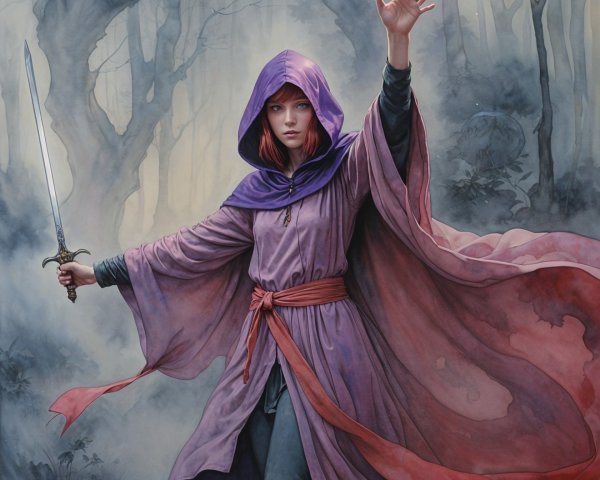 Mystical Watercolor of a Female Wizard with Sword